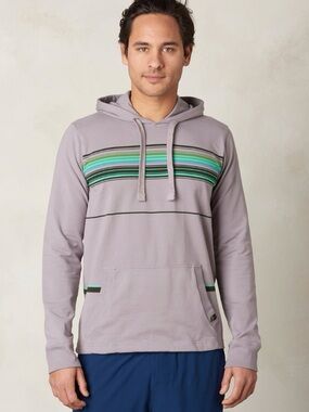 prAna Setu Hoodie Mens Small Striped Pullover Organic Cotton Lightweight Gray